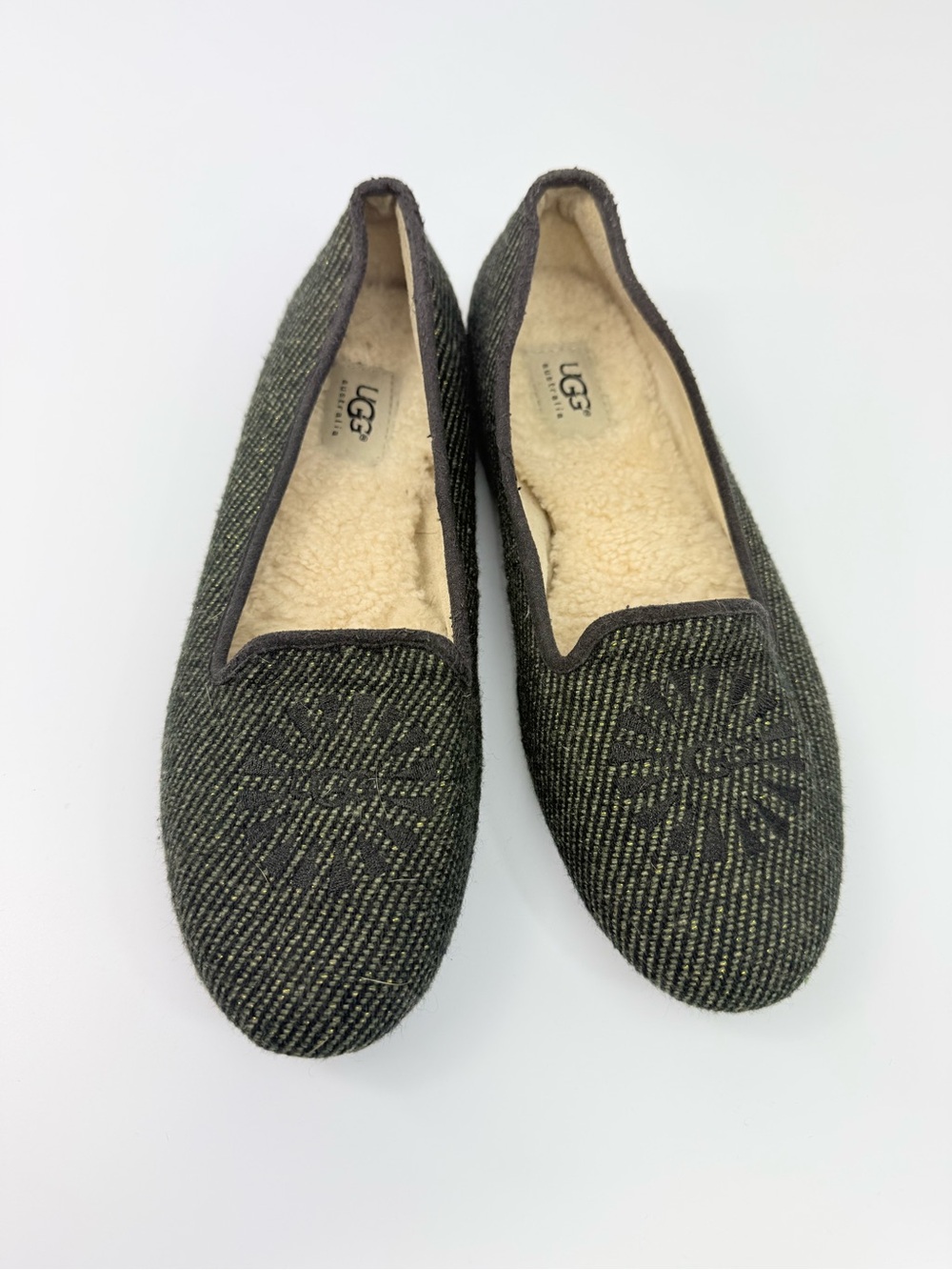 Ugg Australia ALLOWAY Dark Green Black Gold Metallic Tweed Shearling Lined Flats
